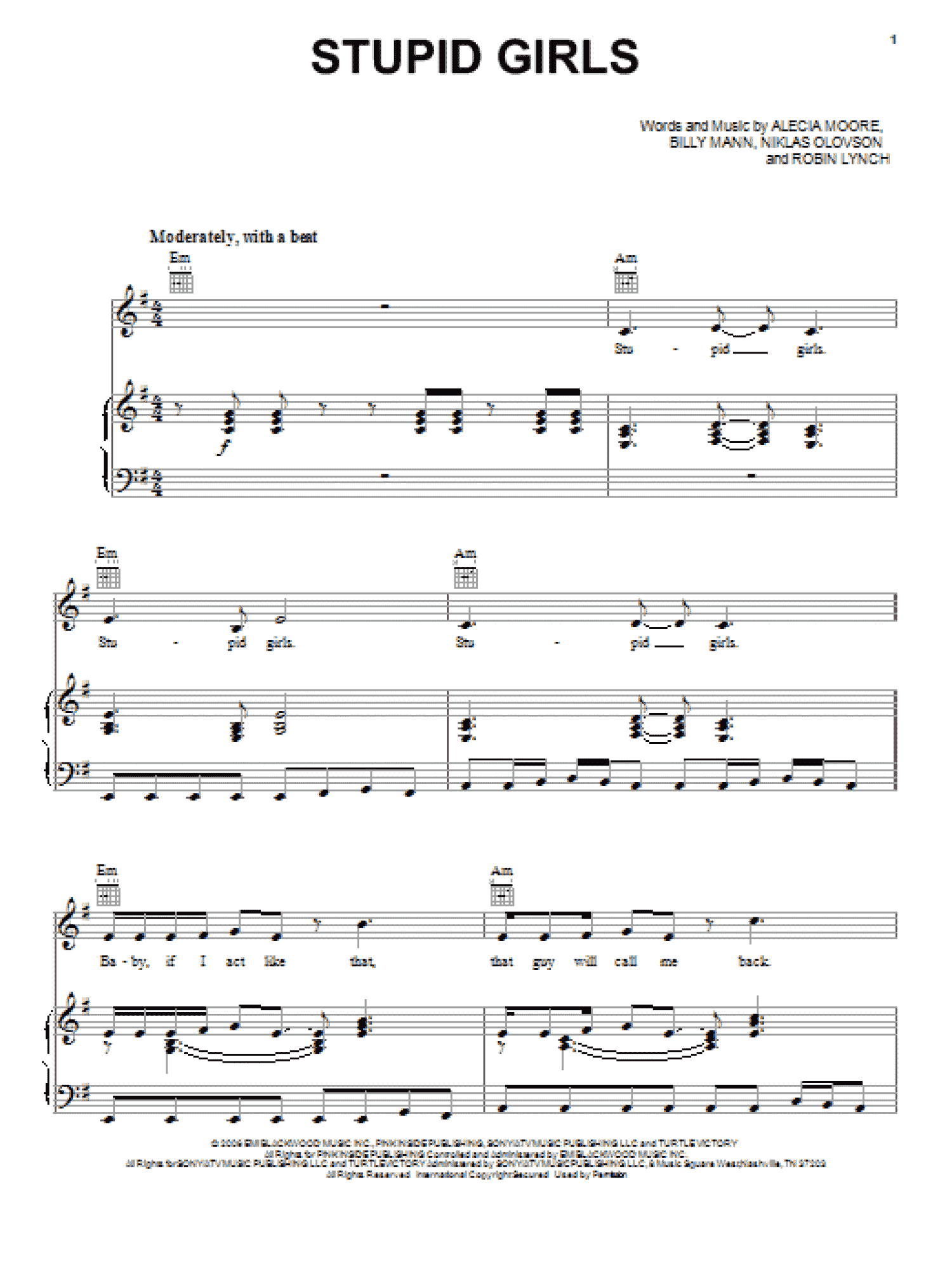Stupid Girls (Piano, Vocal & Guitar Chords (Right-Hand Melody))