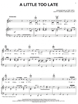 page one of A Little Too Late (Piano, Vocal & Guitar Chords (Right-Hand Melody))