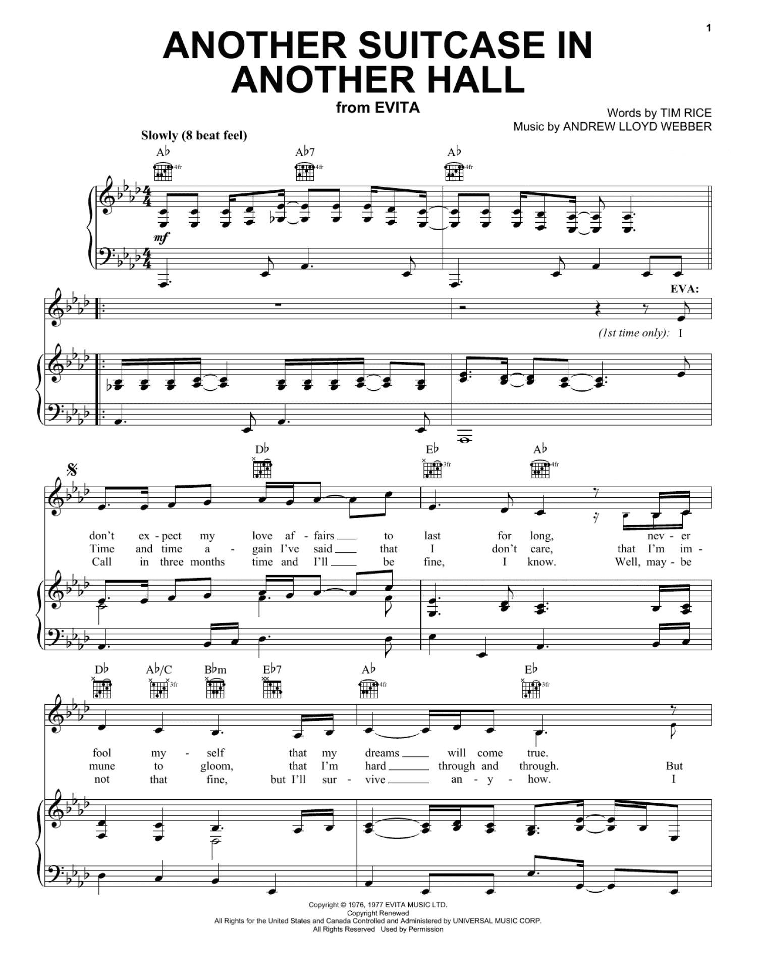 Another Suitcase In Another Hall (from Evita) (Piano, Vocal & Guitar Chords (Right-Hand Melody))