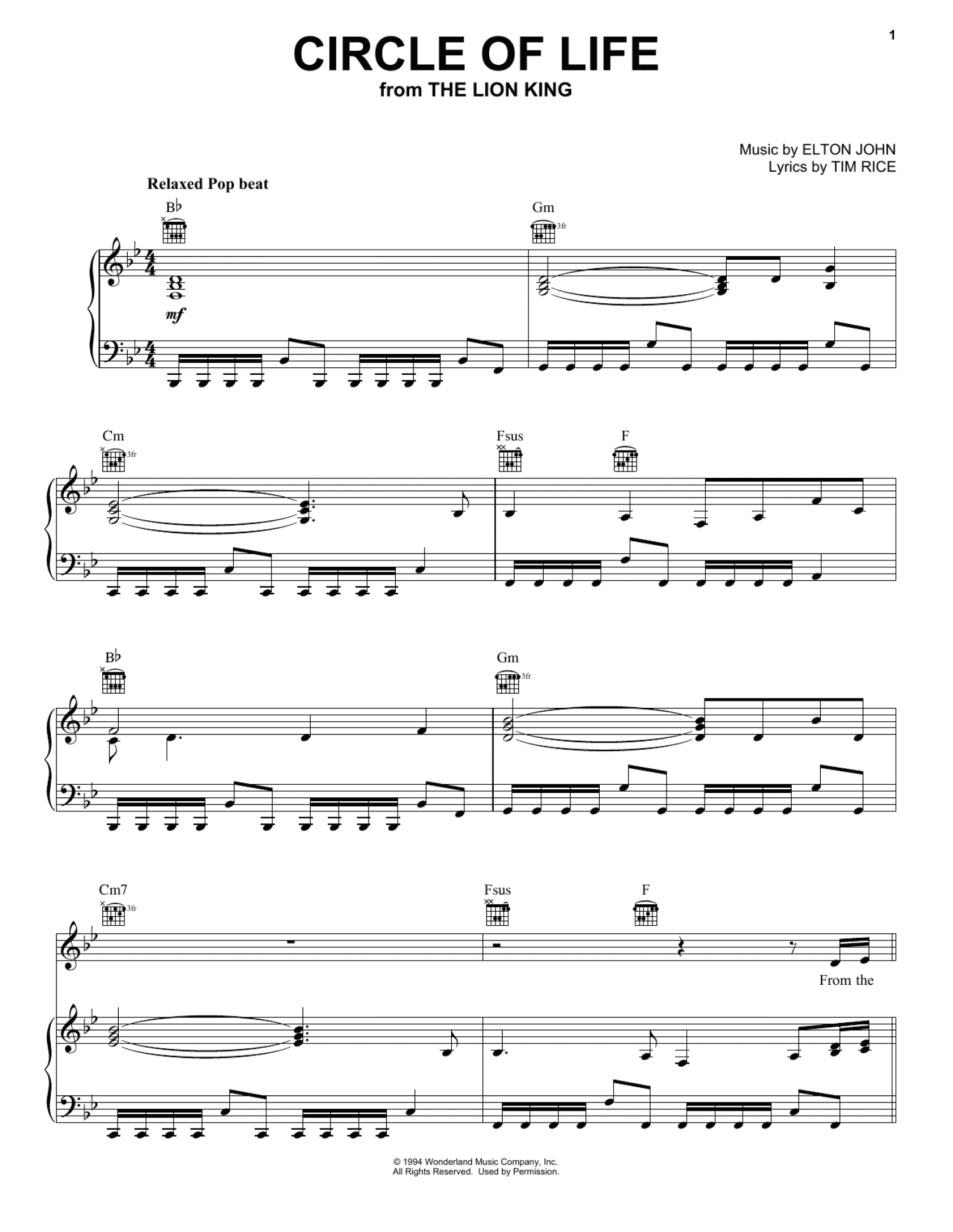 Circle Of Life (from The Lion King) (Piano, Vocal & Guitar Chords (Right-Hand Melody))