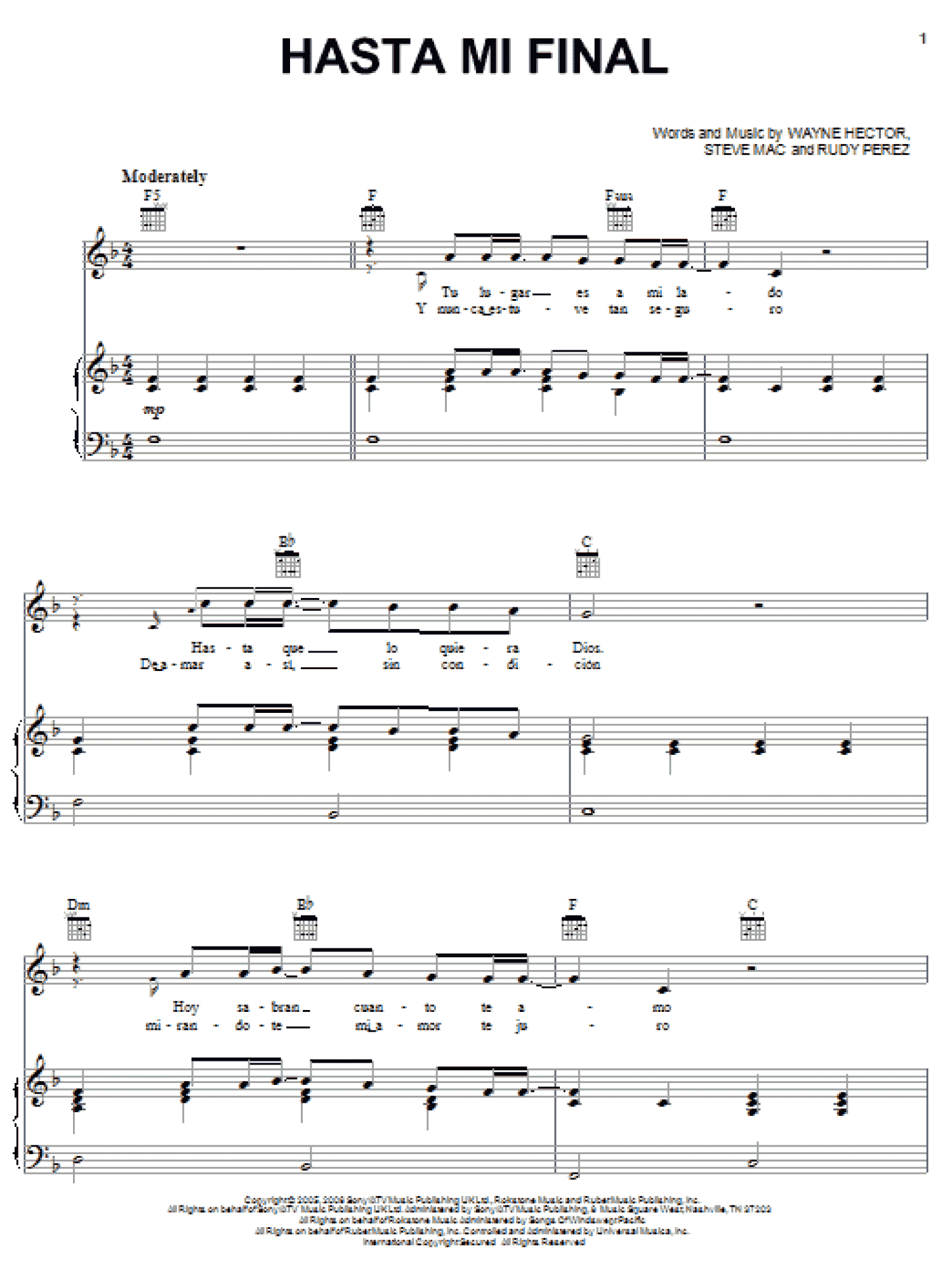 Hasta Mi Final (Piano, Vocal & Guitar Chords (Right-Hand Melody))