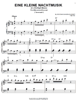 page one of Eine Kleine Nachtmusik ("Serenade"), First Movement Excerpt (Easy Piano)