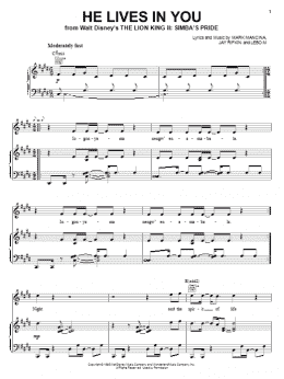 page one of He Lives In You (from The Lion King II: Simba's Pride) (Piano, Vocal & Guitar Chords (Right-Hand Melody))