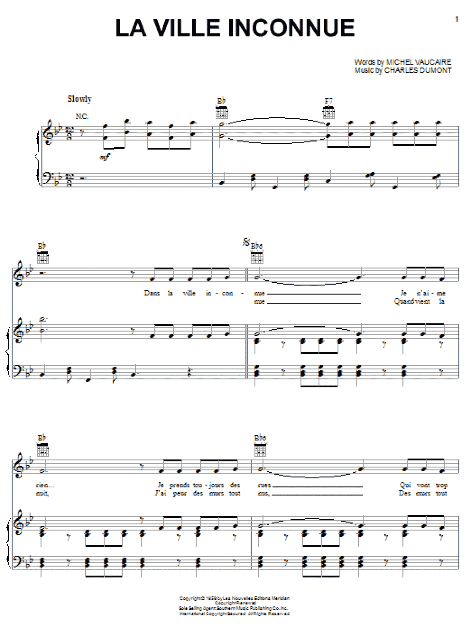 La Ville Inconnue (Piano, Vocal & Guitar Chords (Right-Hand Melody))