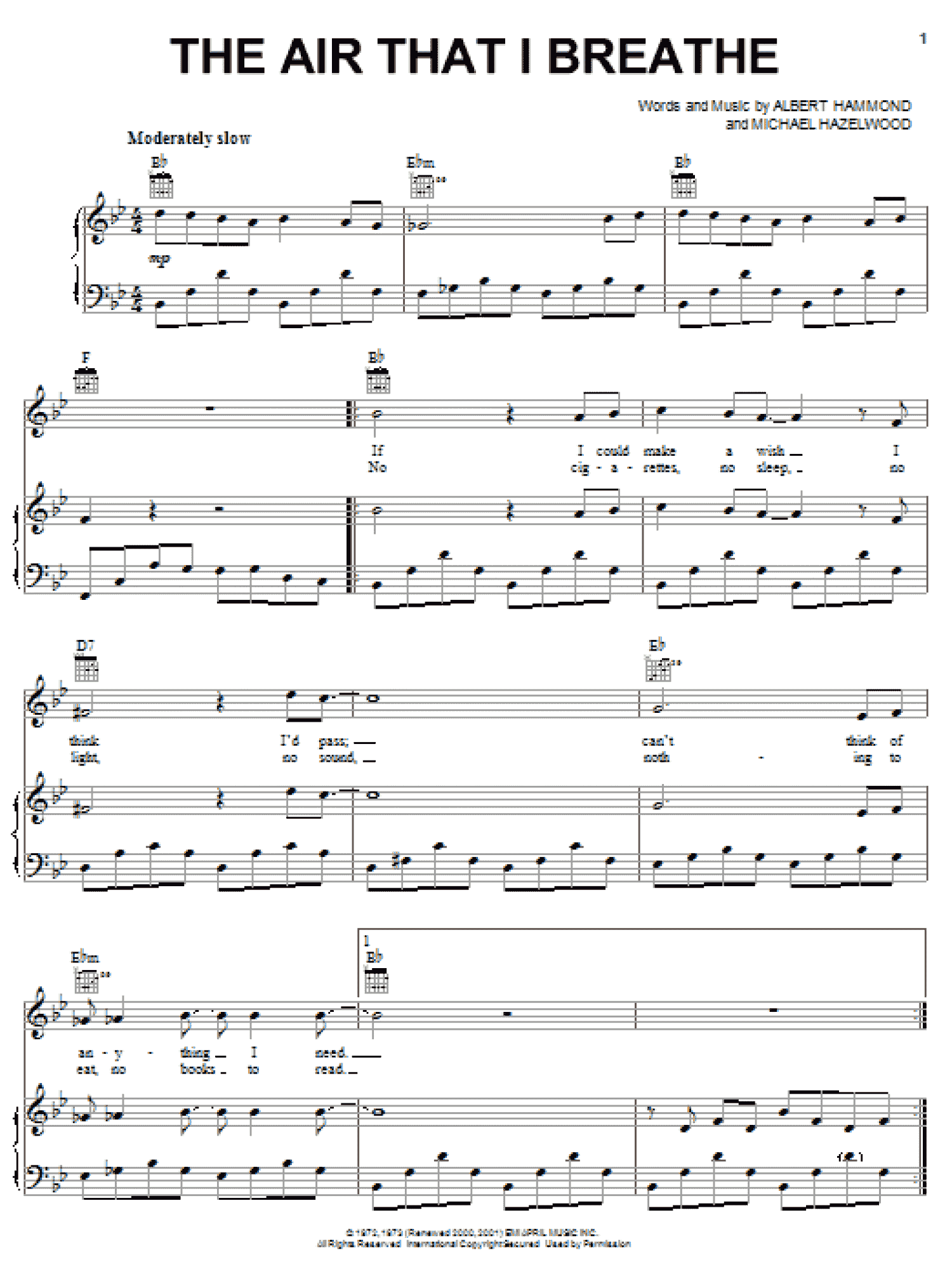 The Air That I Breathe (Piano, Vocal & Guitar Chords (Right-Hand Melody))