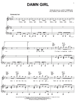 page one of Damn Girl (Piano, Vocal & Guitar Chords (Right-Hand Melody))