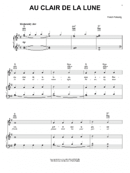 page one of Au Clair De La Lune (Piano, Vocal & Guitar Chords (Right-Hand Melody))