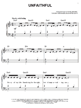 page one of Unfaithful (Easy Piano)
