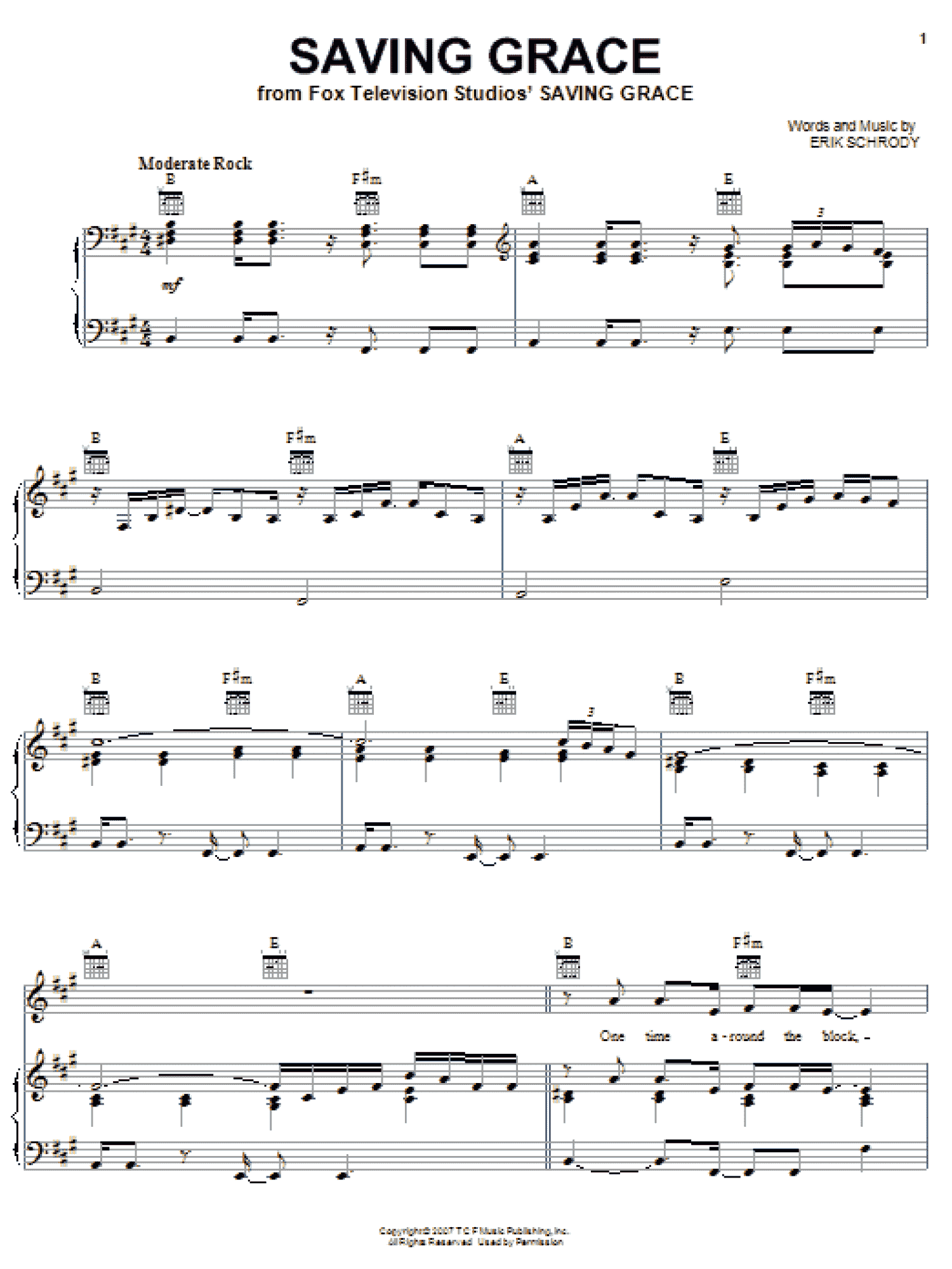 Saving Grace (Piano, Vocal & Guitar Chords (Right-Hand Melody))