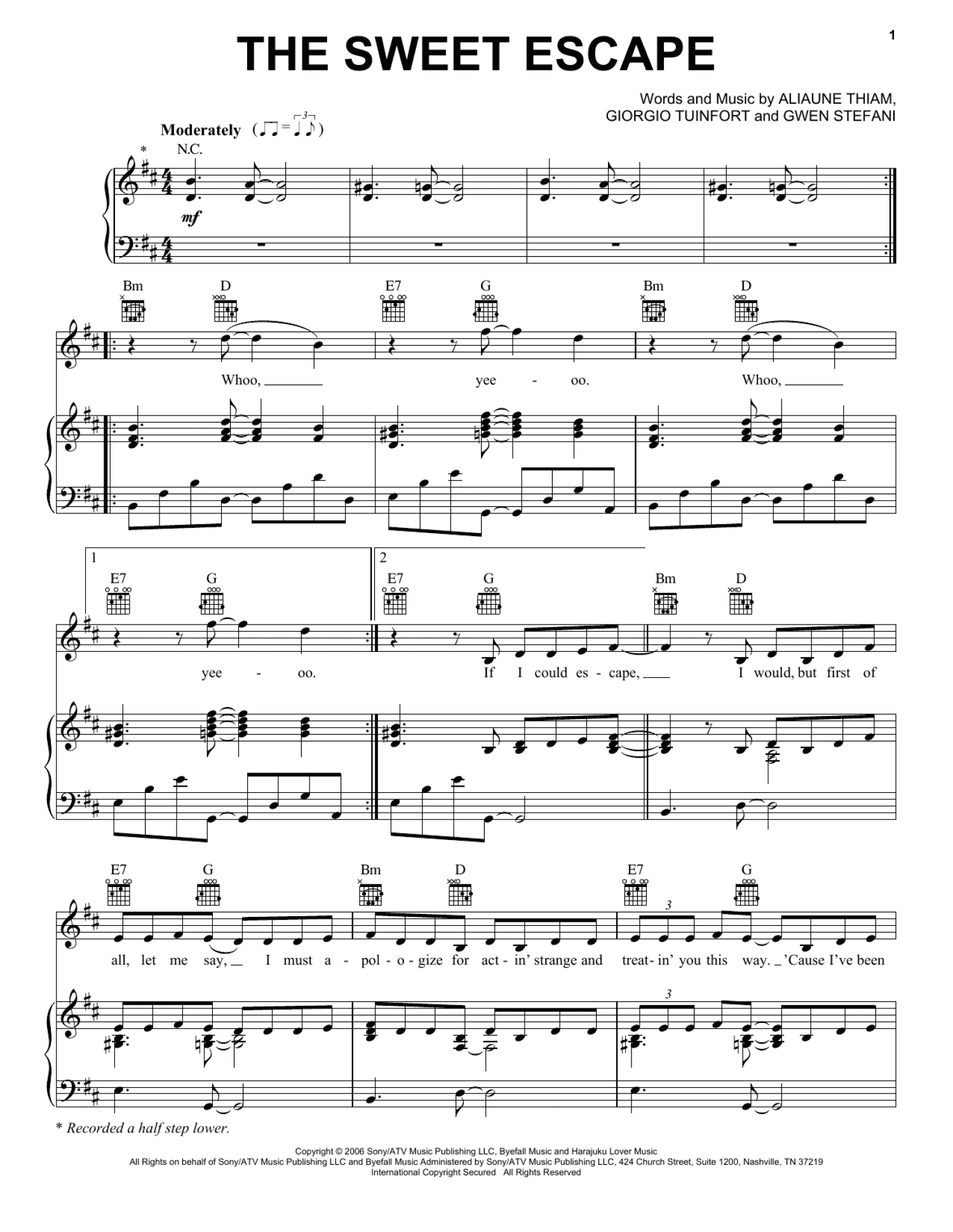 The Sweet Escape (Piano, Vocal & Guitar Chords (Right-Hand Melody))