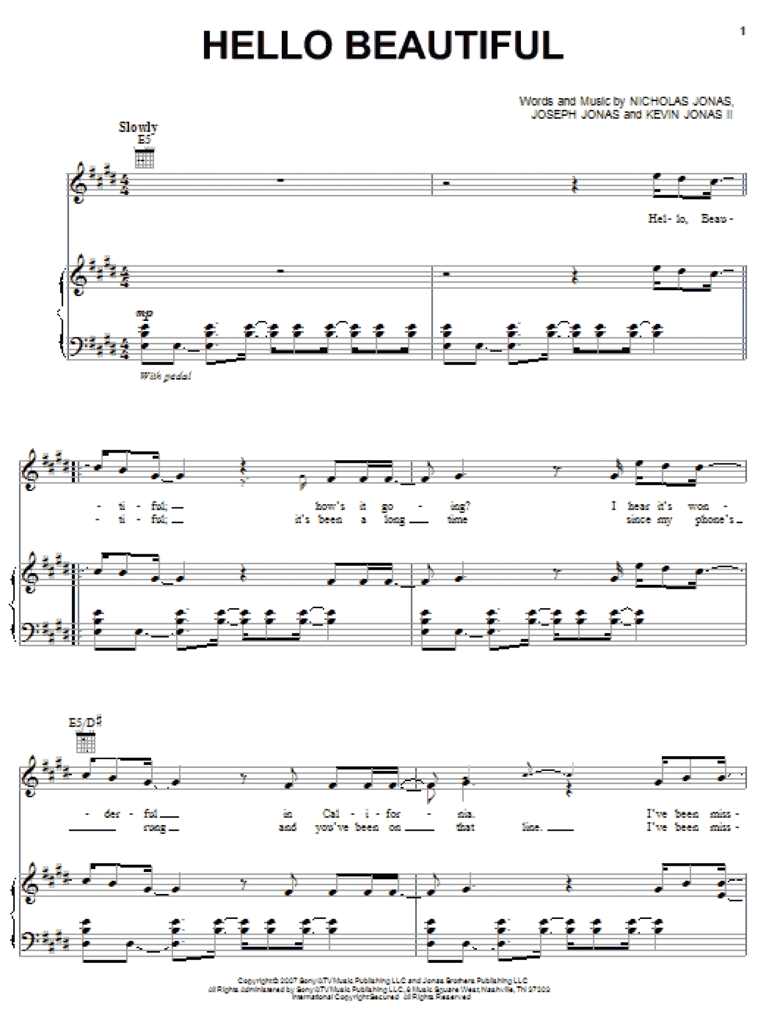 Hello Beautiful (Piano, Vocal & Guitar Chords (Right-Hand Melody))