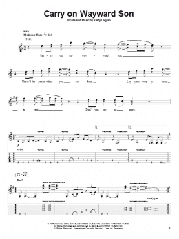 page one of Carry On Wayward Son (Guitar Tab (Single Guitar))