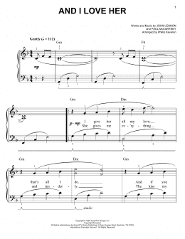 page one of And I Love Her (arr. Phillip Keveren) (Easy Piano)