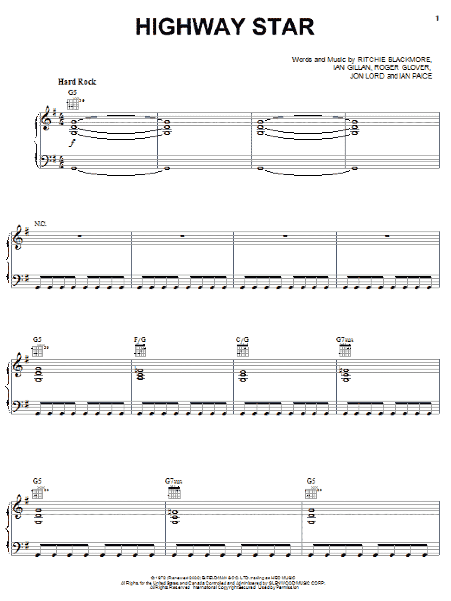 Highway Star (Piano, Vocal & Guitar Chords (Right-Hand Melody))