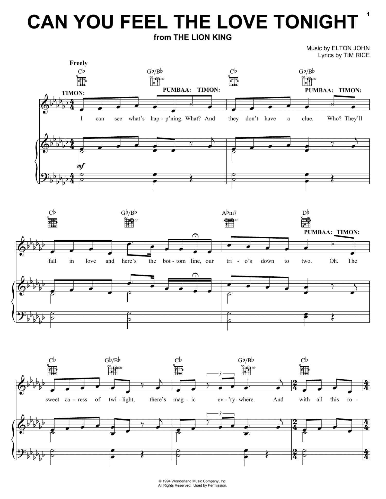 Can You Feel The Love Tonight (from The Lion King: Broadway Musical) (Piano, Vocal & Guitar Chords (Right-Hand Melody))