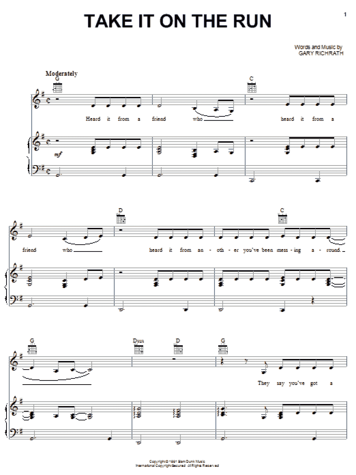 Take It On The Run (Piano, Vocal & Guitar Chords (Right-Hand Melody))