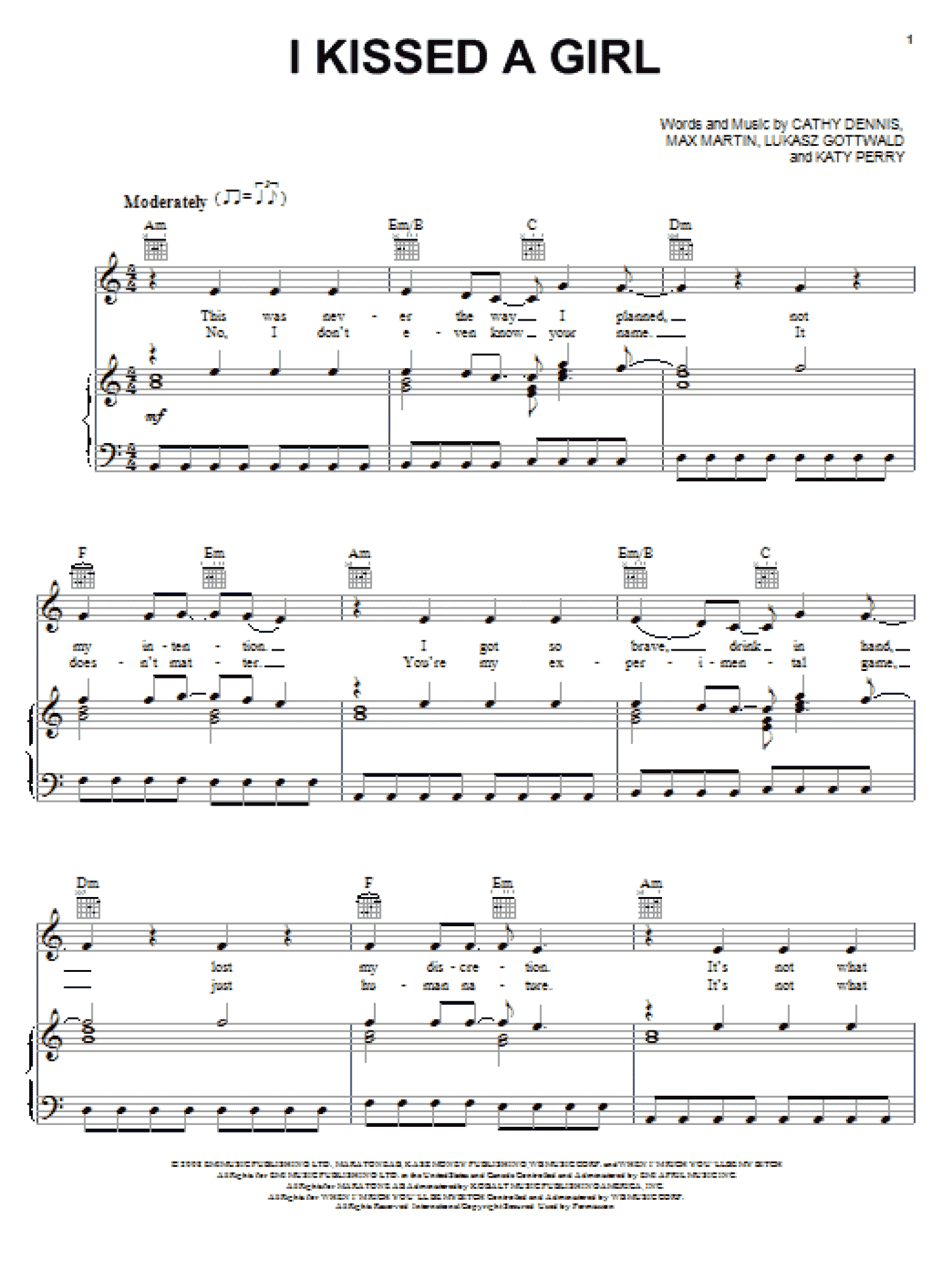 I Kissed A Girl (Piano, Vocal & Guitar Chords (Right-Hand Melody))