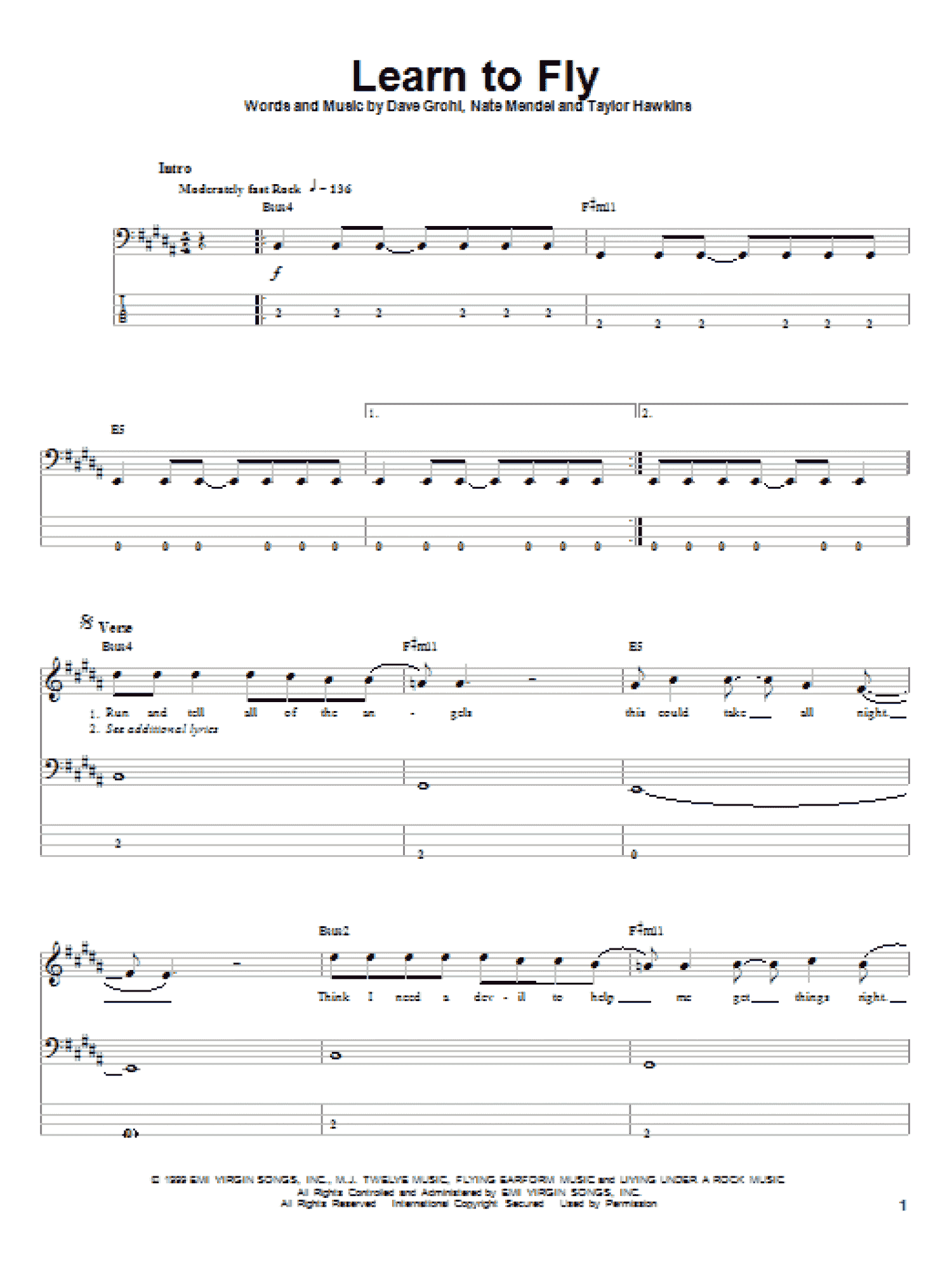 Learn To Fly (Bass Guitar Tab)