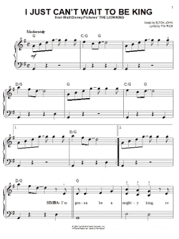 page one of I Just Can't Wait To Be King (from The Lion King) (Easy Piano)