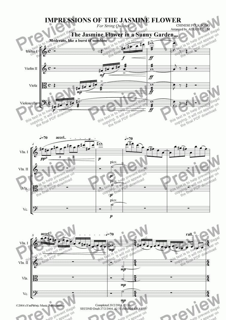 page one of IMPRESSIONS OF THE JASMINE FLOWER (String Quartet)