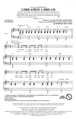 page one of I Dreamed A Dream (from Les Miserables) (arr. Ed Lojeski) (SSA Choir)