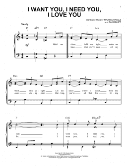 page one of I Want You, I Need You, I Love You (Easy Piano)