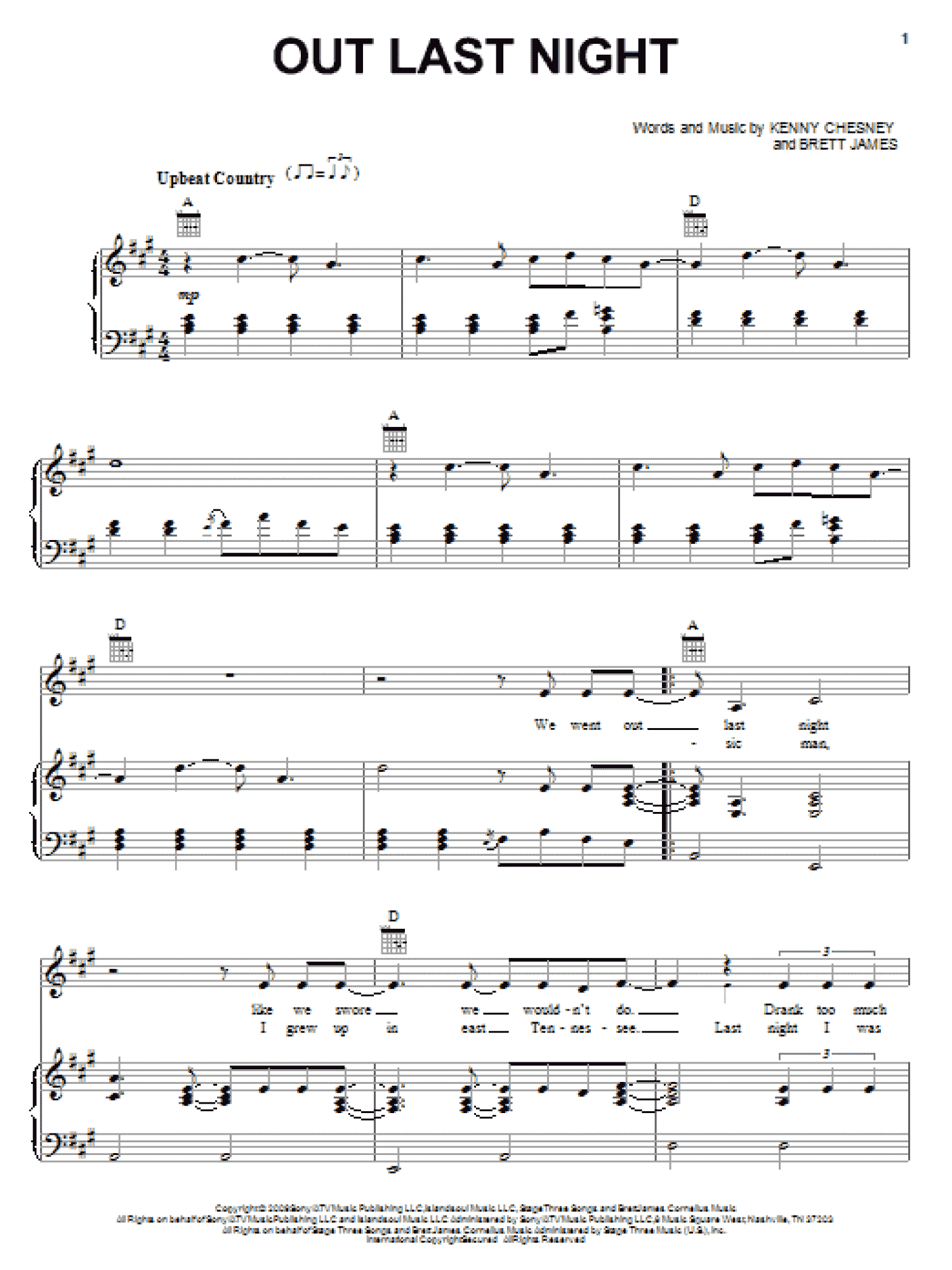 Out Last Night (Piano, Vocal & Guitar Chords (Right-Hand Melody))