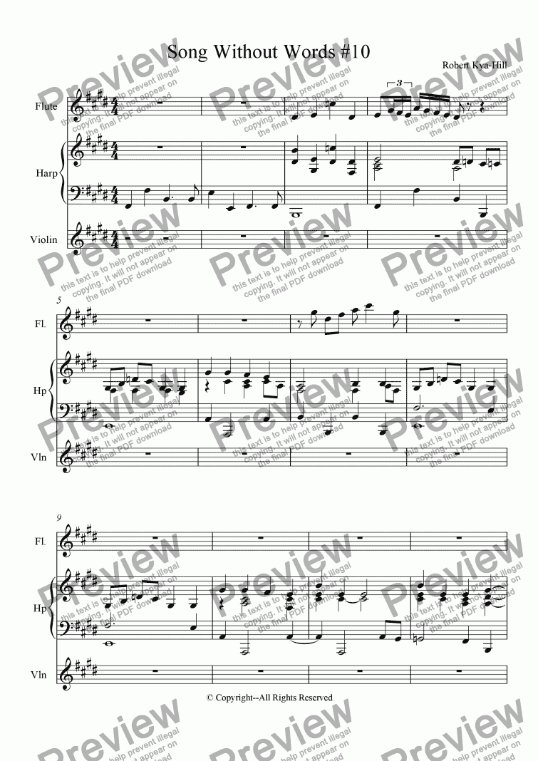 page one of Song Without  Words # 10 [Flute, Harp, Violin]