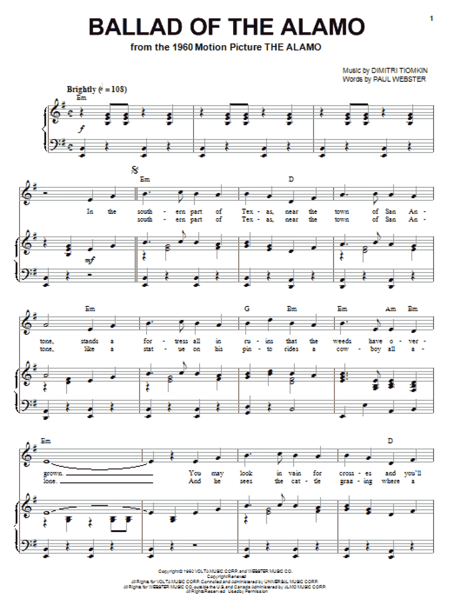 Ballad Of The Alamo (Piano, Vocal & Guitar Chords (Right-Hand Melody))