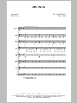 page one of Apologize (feat. OneRepublic) (arr. Deke Sharon) (SATB Choir)