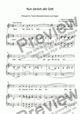 page one of Prelude on Nun danket alle Gott for Tenor Recorder/Voice and Organ