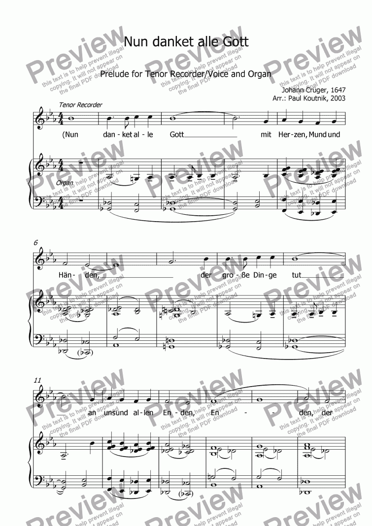 page one of Prelude on Nun danket alle Gott for Tenor Recorder/Voice and Organ