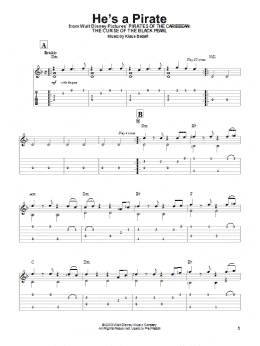 page one of He's A Pirate (from Pirates Of The Caribbean: The Curse of the Black Pearl) (Easy Guitar Tab)