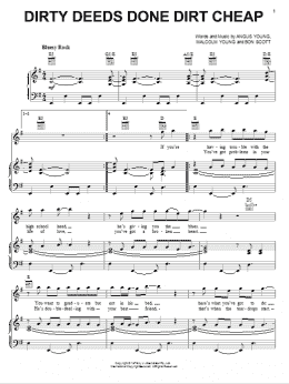 page one of Dirty Deeds Done Dirt Cheap (Piano, Vocal & Guitar Chords (Right-Hand Melody))