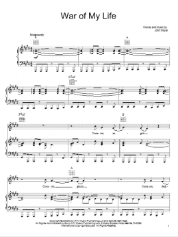page one of War Of My Life (Piano, Vocal & Guitar Chords (Right-Hand Melody))