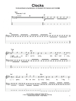page one of Clocks (Bass Guitar Tab)