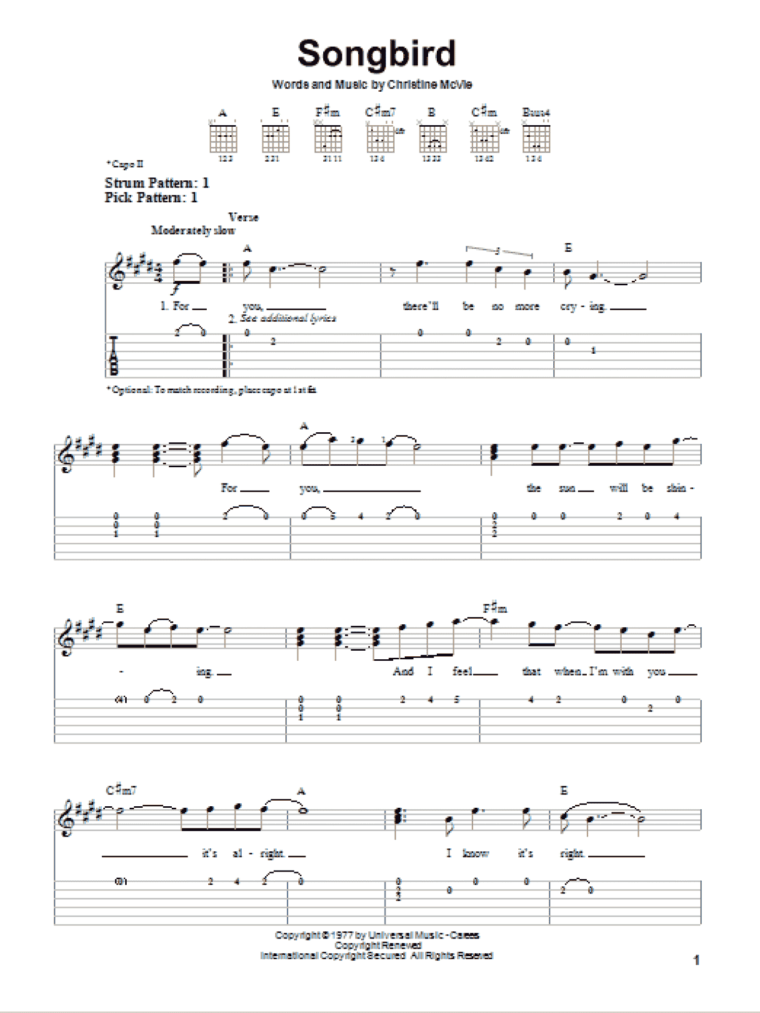 Songbird (Easy Guitar Tab)