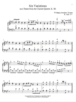 page one of Six Variations on A Theme From The Clarinet Quintet, K. 581, K. Anh. 137 (Piano Solo)