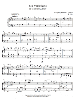 page one of Six Variations on Mio Caro Adone, K. 180 (Piano Solo)