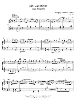 page one of Six Variations on An Allegretto, K. 54 (Piano Solo)