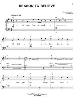 page one of Reason To Believe (Easy Piano)
