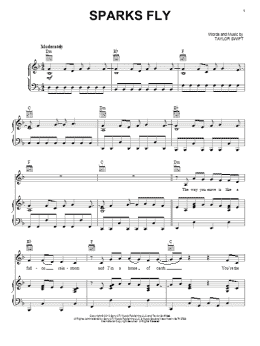 page one of Sparks Fly (Piano, Vocal & Guitar Chords (Right-Hand Melody))