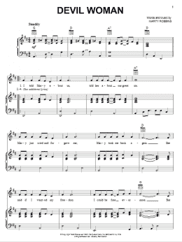 page one of Devil Woman (Piano, Vocal & Guitar Chords (Right-Hand Melody))