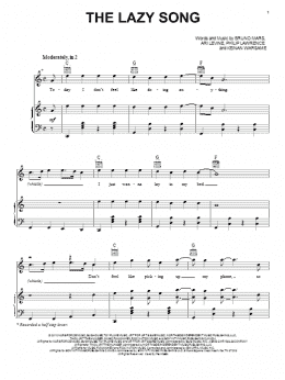 page one of The Lazy Song (Piano, Vocal & Guitar Chords (Right-Hand Melody))