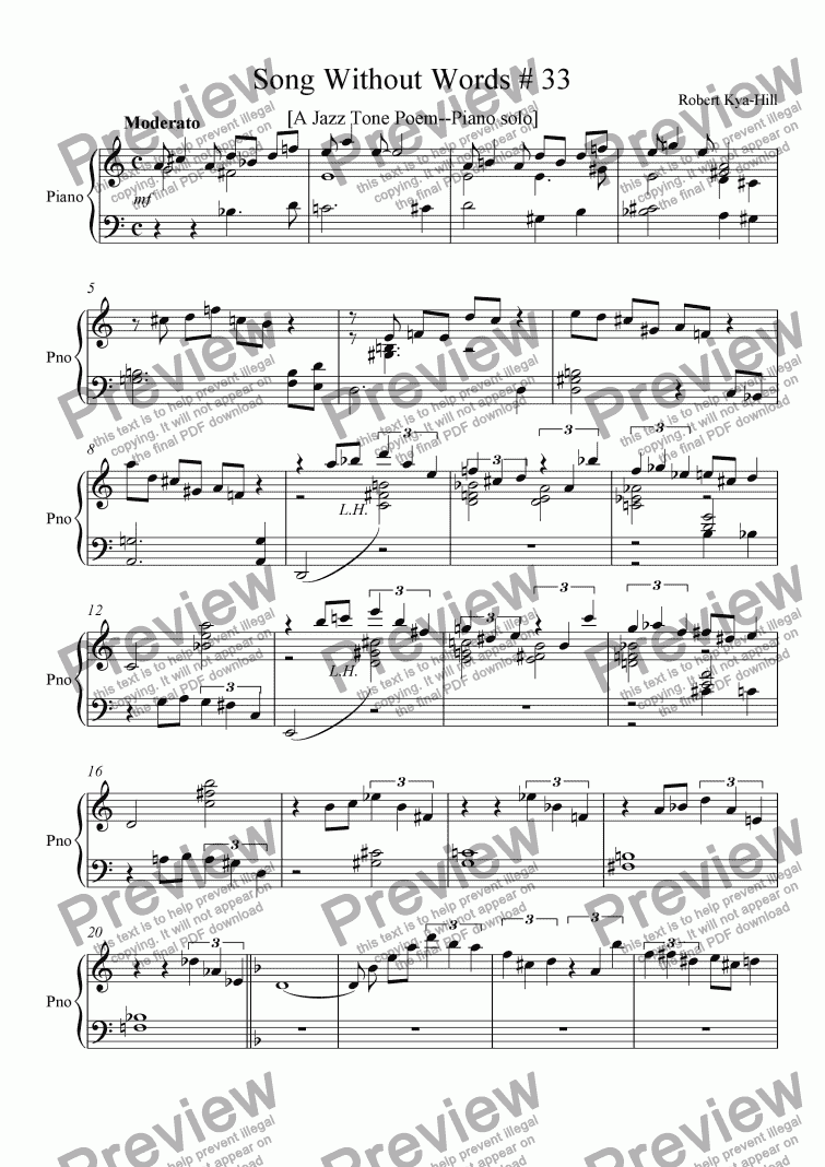 page one of Song Without Words # 33  [A  Jazz Tone Poem--Piano Solo]