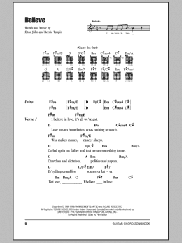 page one of Believe (Guitar Chords/Lyrics)