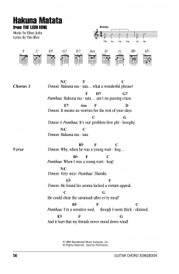 page one of Hakuna Matata (from The Lion King) (Guitar Chords/Lyrics)