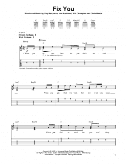 page one of Fix You (Easy Guitar Tab)