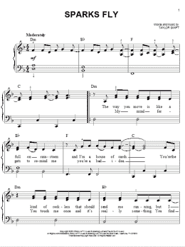 page one of Sparks Fly (Easy Piano)