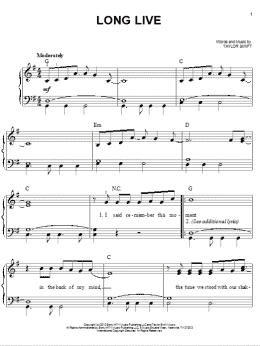 page one of Long Live (Easy Piano)
